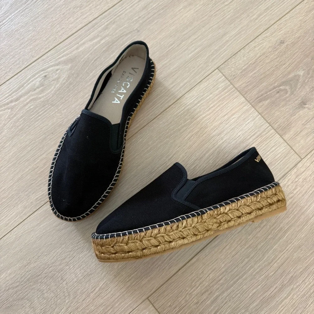 Viscata Barcelona Black‎ Canvas Slip On Espadrille Platform Flats Spain Size 40